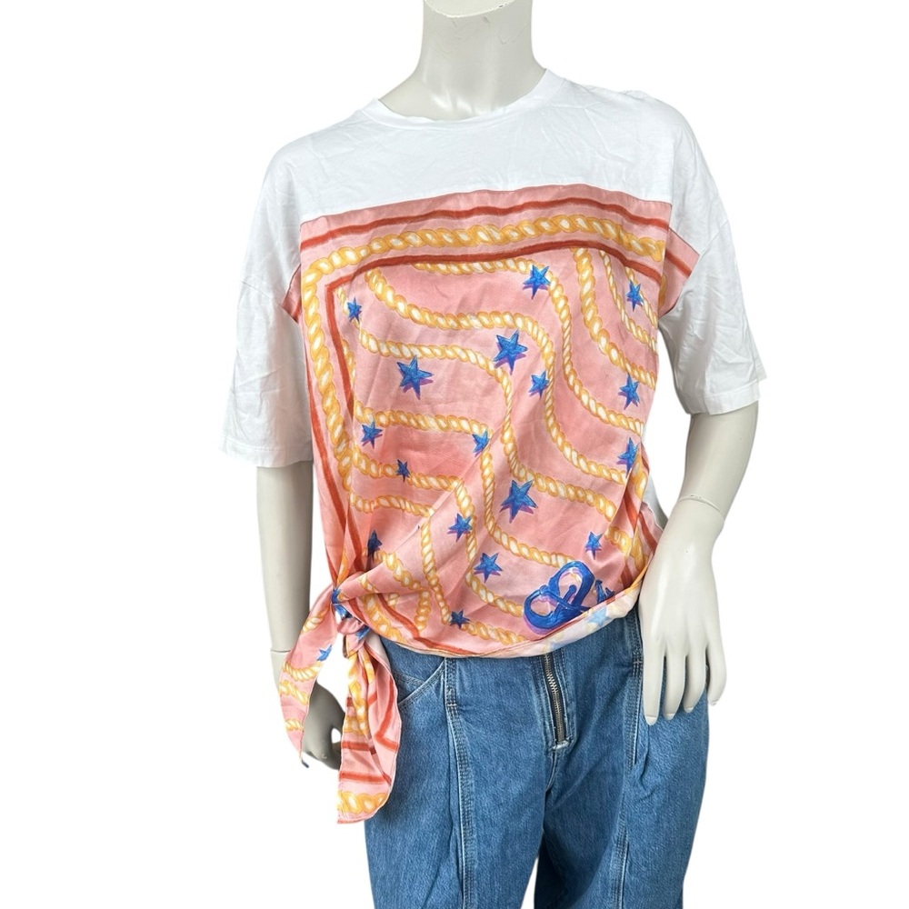 Sandro Eulalin Scarf Printed Insert Contrast White Tee Shirt Size 1 or Small - Picture 2 of 13